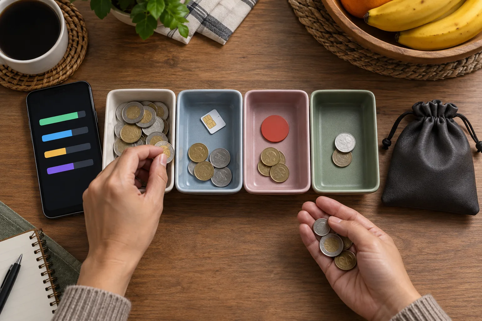 Anonymous hands moving coins between separate cash, data and promotional compartments, The hands test how fees, data